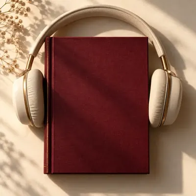 Fones de ouvido claros apoiados sobre um livro de capa vinho.