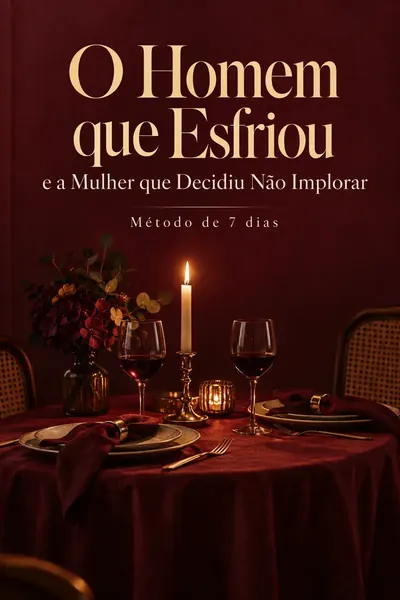 Capa do e-book O Homem que Esfriou e a mulher que decidiu não implorar: mesa posta com taças de vinho e vela acesa, em tons de vinho e dourado.
