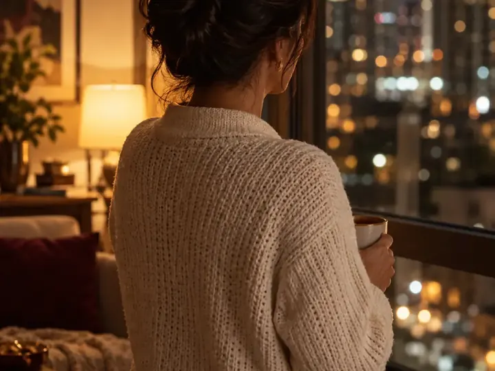 Mulher de costas, de cardigã claro, com uma xícara na mão, olhando a cidade pela janela à noite.